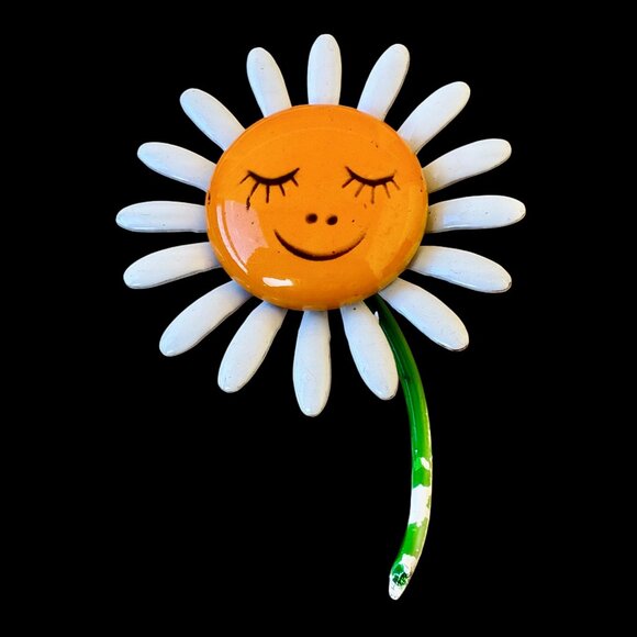 Vintage 1960s Enameled Metal Flower Daisy Brooch with Cartoon Face as is - Picture 8 of 11